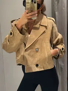 Women's Windbreaker Collared Beige Cropped Long Sleeve Trench Coat Double Breasted Jacket With Belted Waist Shoulder Vintage Casual Women's Layered Outerwear Fashion Coat, Womenswear