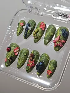 Nature Forest Bug Press On Nails Set 3D Ladybug Dragonfly Snail Floral Green Stiletto Nails for Holiday, Vacation, Birthday