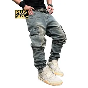 Men's High Cotton Y2K Plus Size Cargo Jeans, Retro Vintage Washed Baggy Stacked Denim Pants with Multi-Pockets, Streetwear Casual Trousers for Big & Tall Men