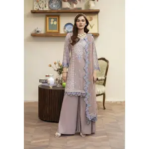 Embroidered Cotton Jacquard Suit with Panel Sharara Reet by Mona RBY4