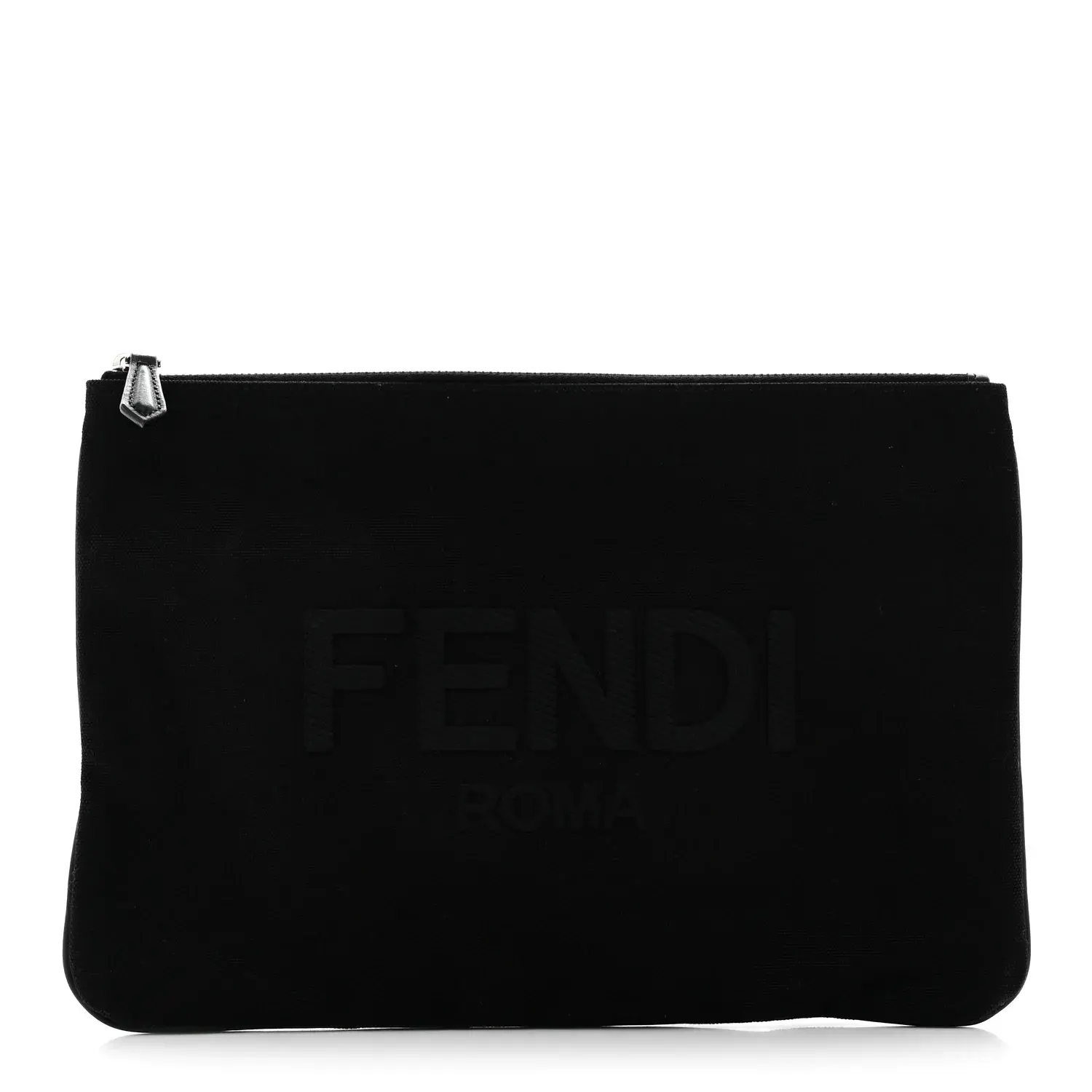 Pre-owned FENDI Cotton Canvas / Calfskin Small Leather Goods Cotton Canvas Vitello Grace Light Logo Flat Pouch Black