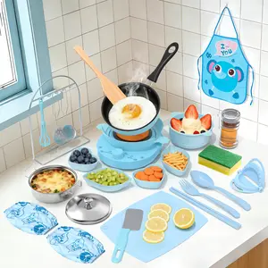 Gotoofun Kids Cooking Set Real for Beginners, 28PCS Mini Kitchen Starter Set with Safe Knife, Easy Cooking Toys for Boys Girls Ages 5-12, Blue