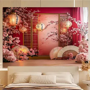 ​1pc Chinese New Year Backdrop Traditional Fan Flower Red Lanterns Cherry Blossoms for Asian Spring Festival Celebration Deco