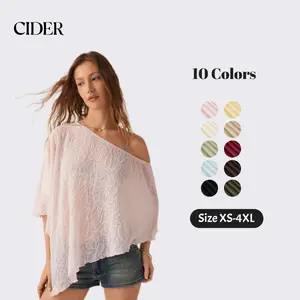 Cider Poncho Top – Asymmetrical Hem Sheer Chiffon Textured Boho Sexy Women's Daily Casual Beach Cover-up, Summer Oversized Loose Fit One Shoulder Blouse