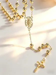 Fashion Hollow Guadalupe Virgin Pendant Necklace, 6mm Round Prayer Beads Chain, Sacred Religious Jewelry, Holiday Gift