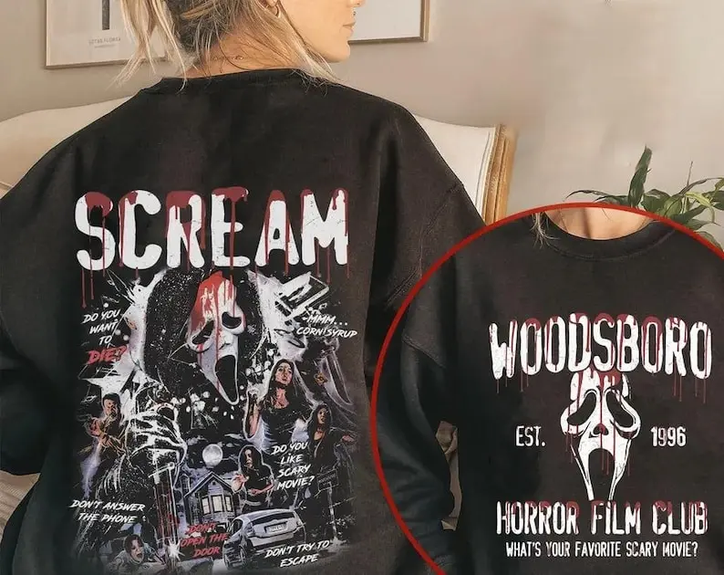 Woodsboro Horror Film Club Two Sided Shirt, Horror Film Club Sweatshirt, the Ghost Face Shirt, Ghostface Scream Sweatshirt, Gift for Halloween, Gift for Men & Women
