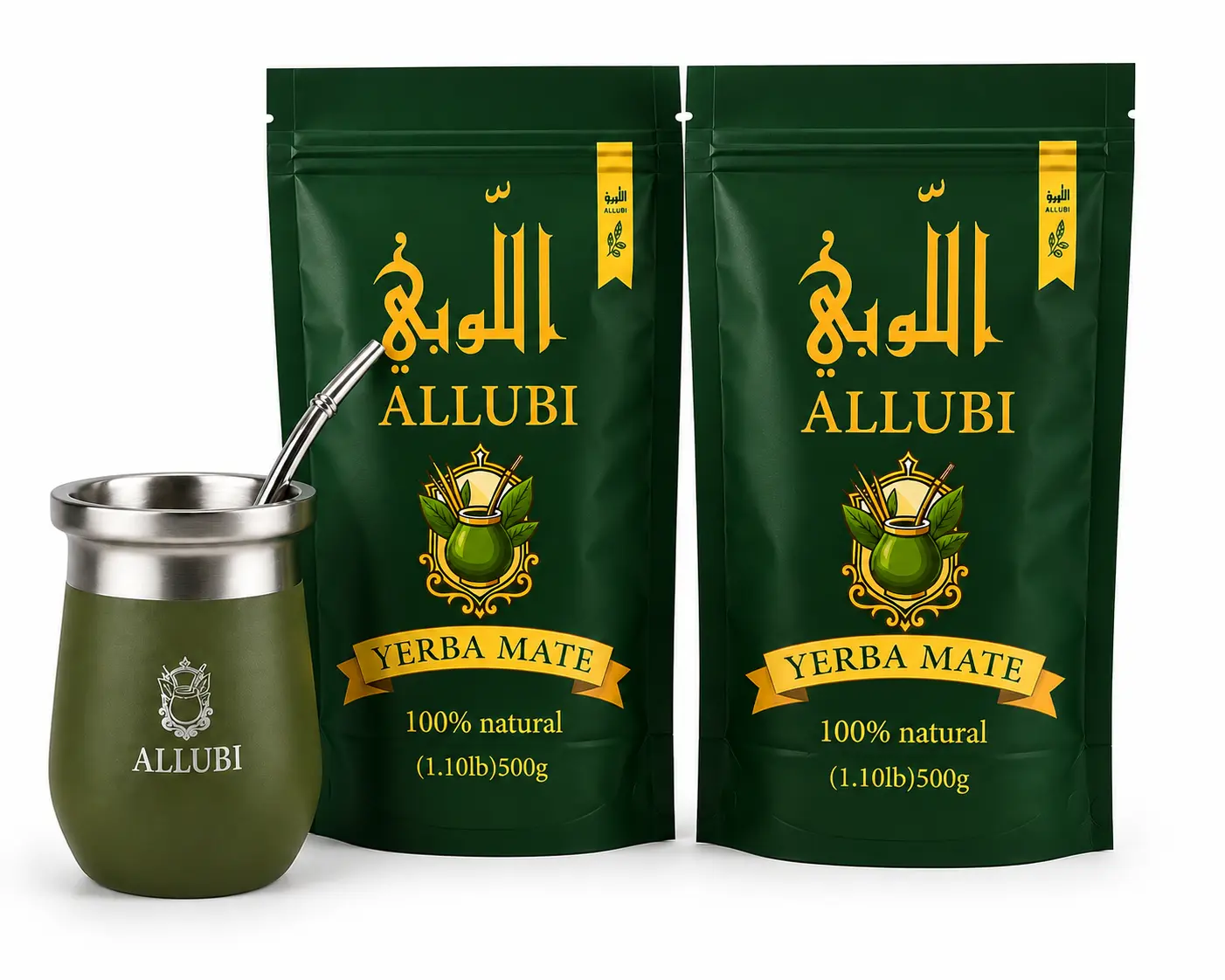 ALLUBI Organic Yerba Mate Tea 2 × 500g & Mate Cup Set, Authentic Paraguayan Loose Leaf, 260ml Double Wall Vacuum Insulated Stainless Steel Cup, Includes Bombilla Straw