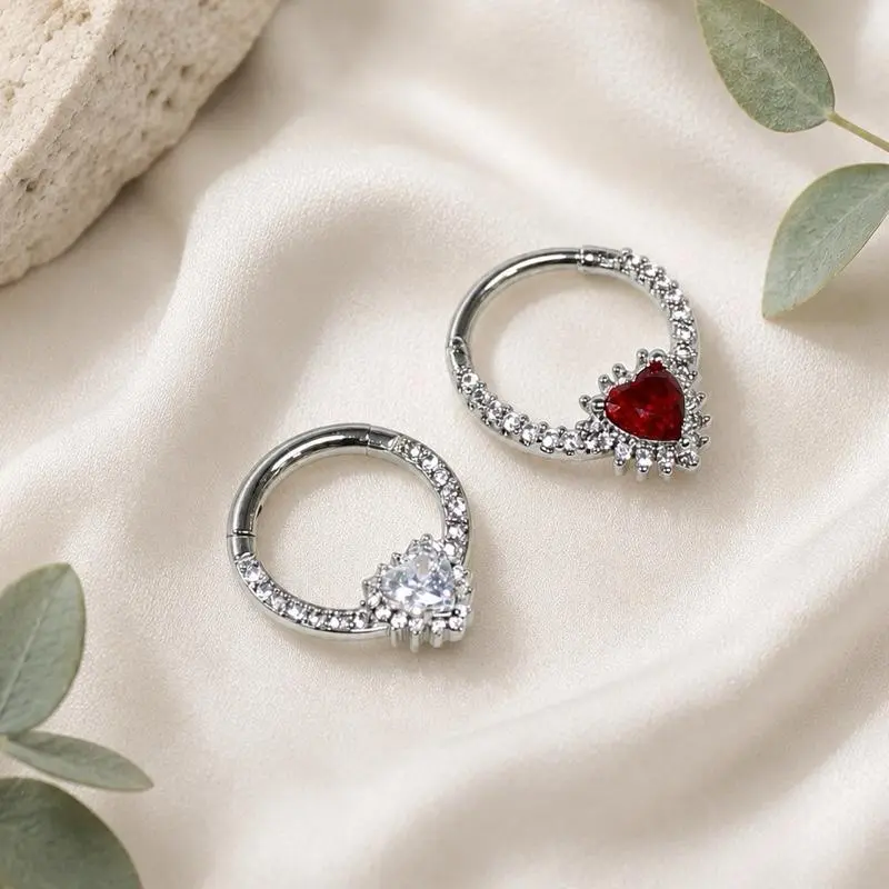 Cute Heart Septum Ring, 16 Gauge 8mm CZ Hinged Clicker for Women, Hypoallergenic Daith Body Jewelry, Female, Cubic Zirconia, Daily, Everyday, Heart Cut, Nose Ring, Spark, Gifting