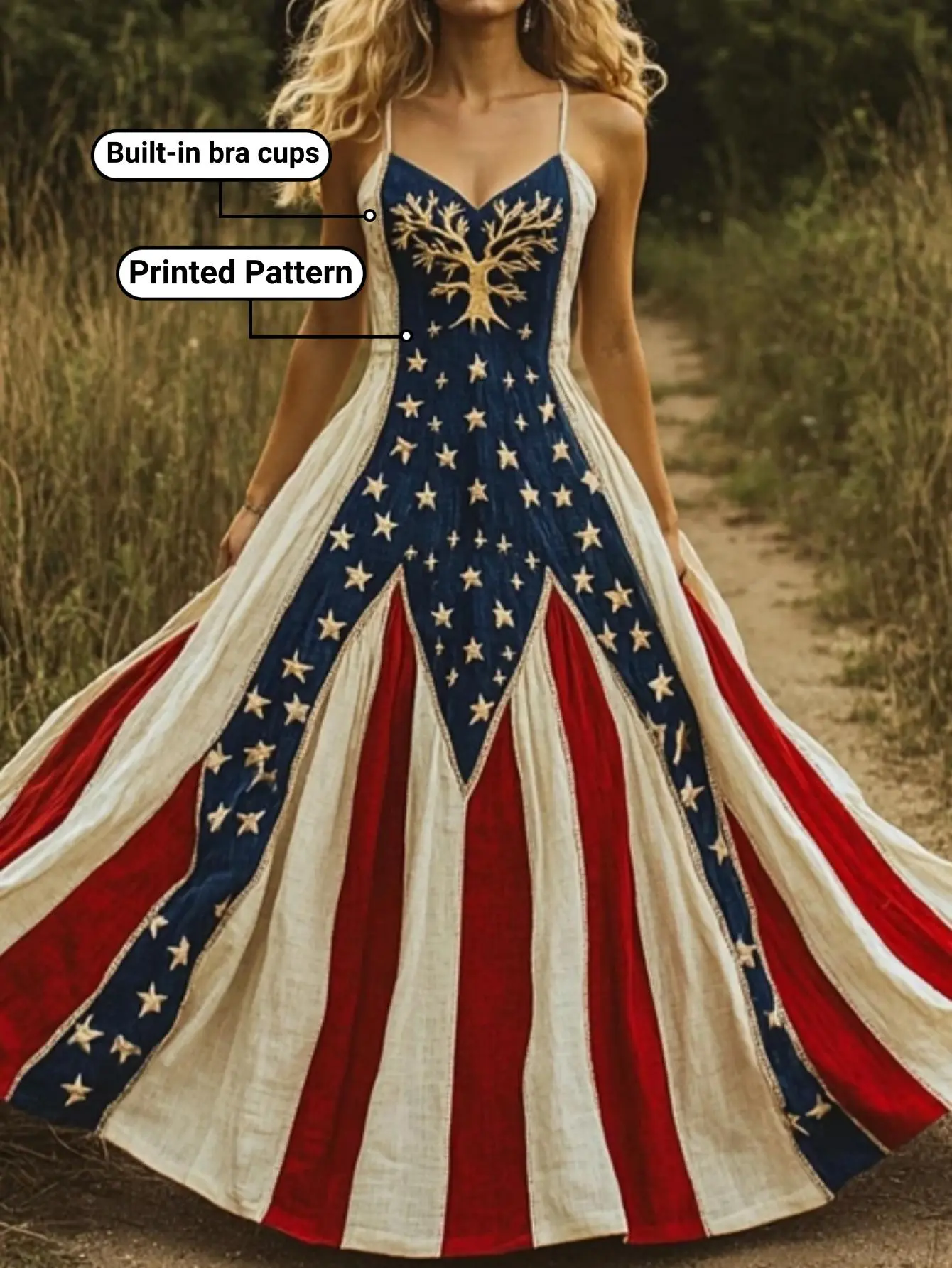 Retro Independence Day Life Tree Print A-Line Waist-Cinching Fashion Spaghetti Strap Midi Dress with Built-In Bra Cups