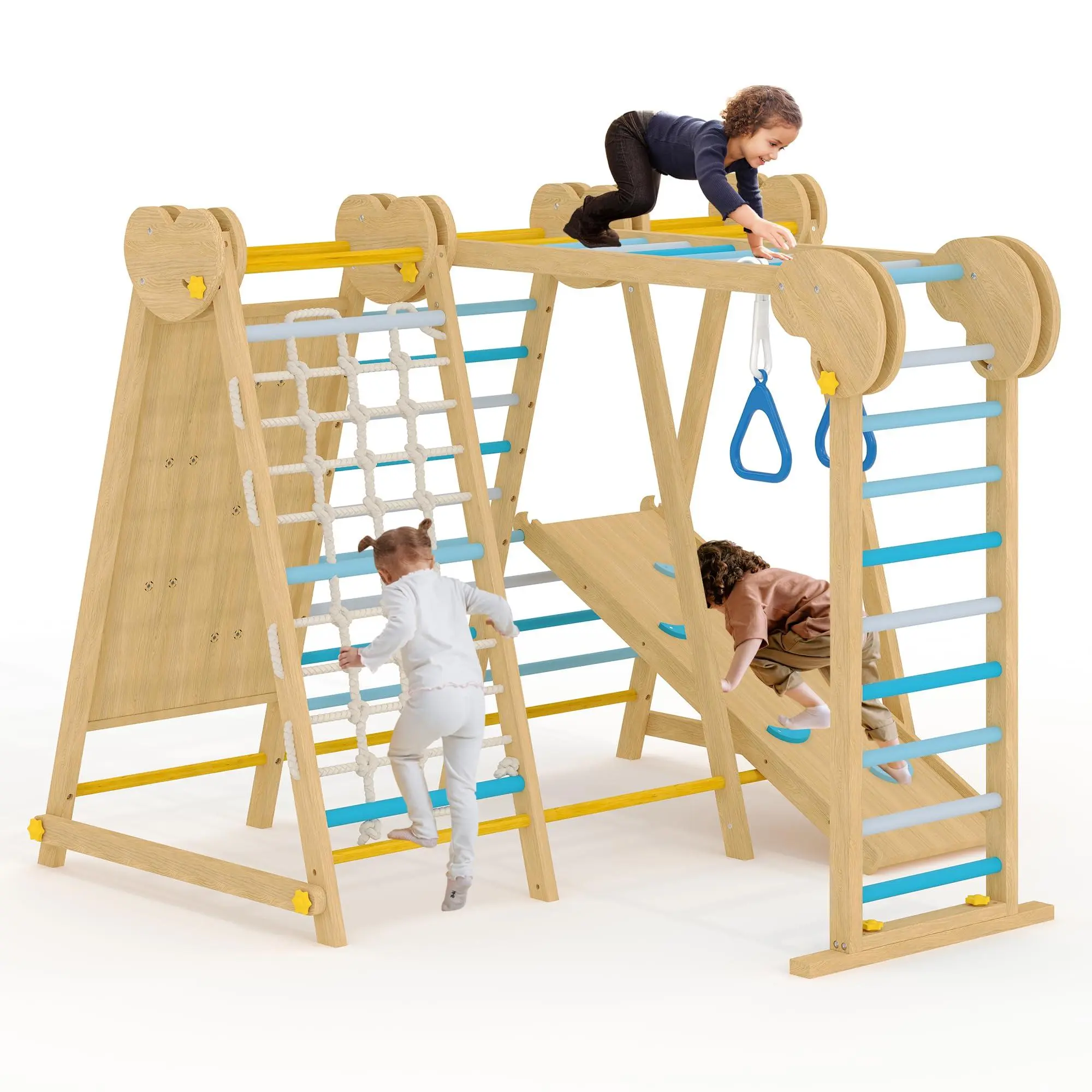 7-in-1 Wooden Indoor Jungle Gym for Kids 2-8, Toddler Playground with Slide Climbing Wall Monkey Bars, Climbing Playset.