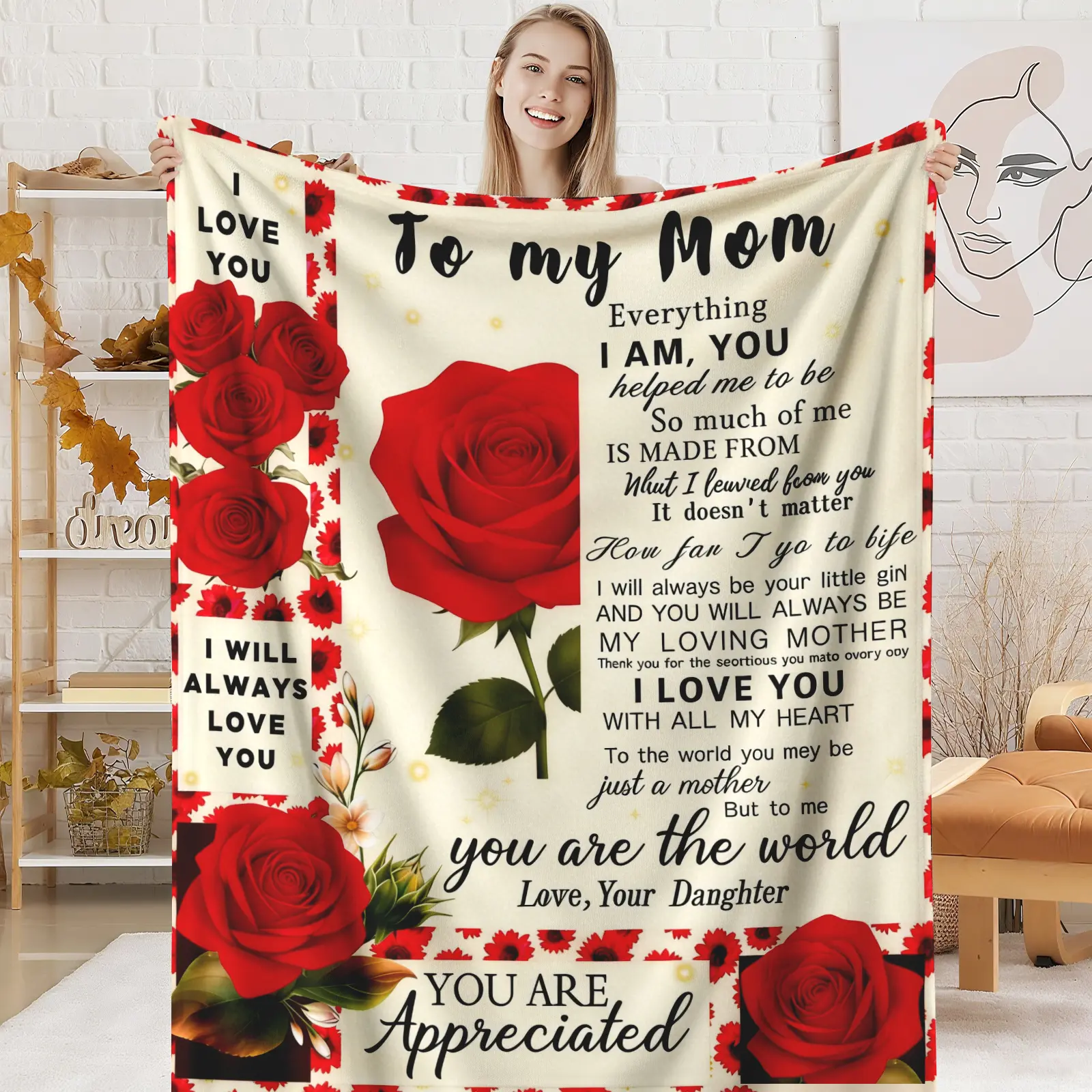 To My Mom Rose Blanket, You Are My World Mom Throw Blanket, Soft Cozy Flannel Blanket, Heartfelt Gift for Mom from Daughter