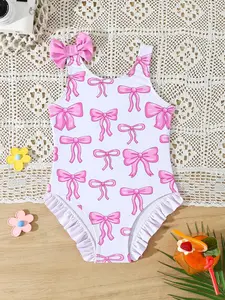 Little Girl Cute Bow Print One-Piece Swimsuit, Single Side Bow Design, Perfect for Beach Vacation & Summer Fun, Fashionable Kids Swimwear, Toddler Swimsuit, Swim Bodysuit