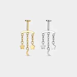 Oufer Push Pin Vertical Helix Piercing Jewelry Dangle Chain Star and Moon-316L Stainless Steel