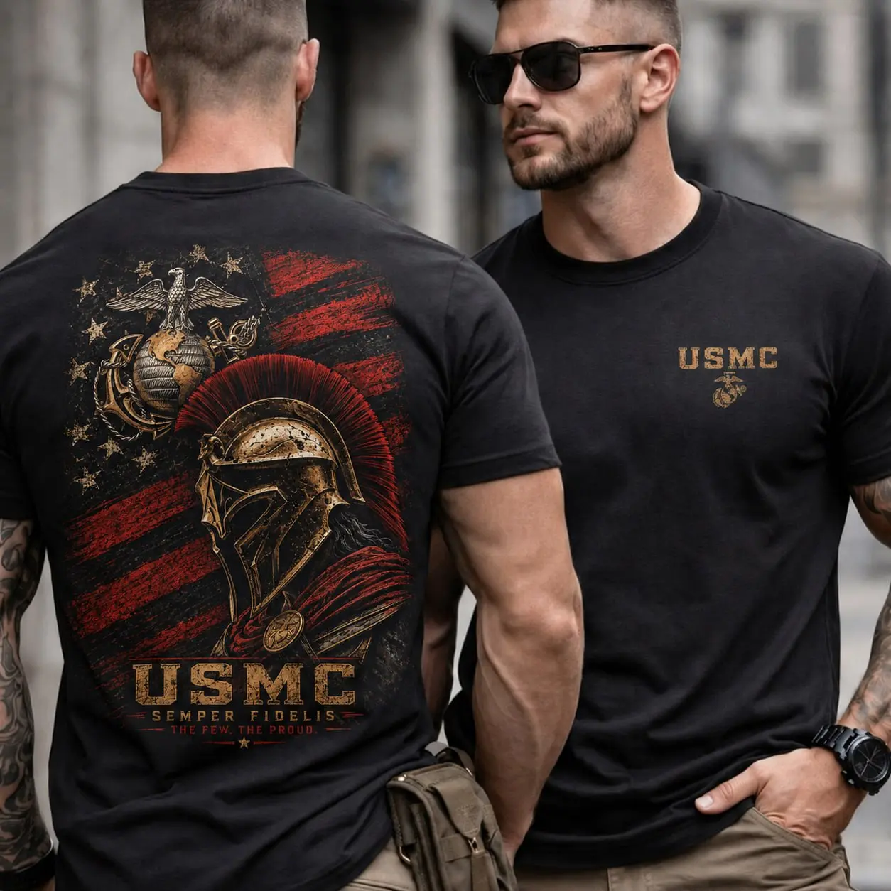 USMC Semper Fidelis Spartan Shirt, American Flag Marine Corps Graphic Tee, Front and Back Military T-Shirt, Veteran Gift for Men