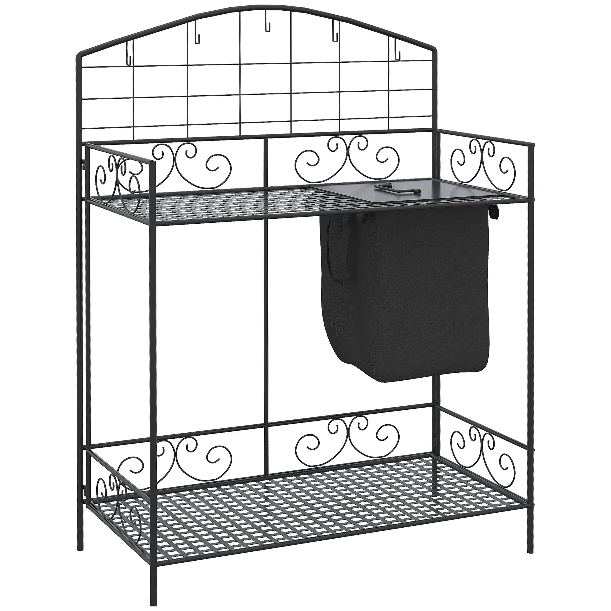 Outsunny Folding Potting Bench Table, Metal Garden Workstation, Work Bench with Large Build-In Bag with Cover, 5 Hanging Hooks & Storage Shelf, Flourishes