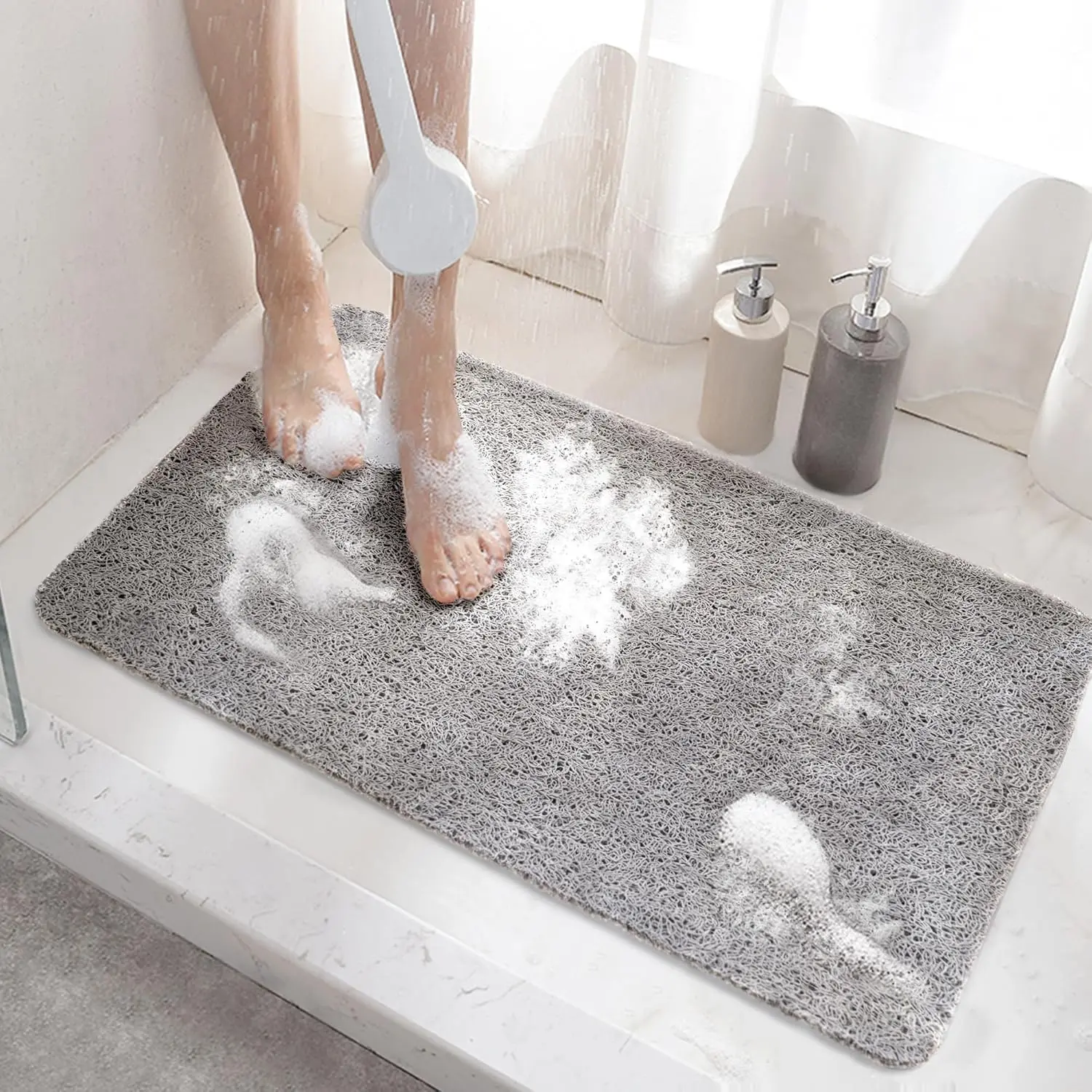 Non-Slip Shower Mat for Tub – 24 x 16 Inch Bath Mat with Drain Holes, Soft PVC Loofah Mat, Quick-Drying, Anti-Skid Bathroom Safety Mat, Grey