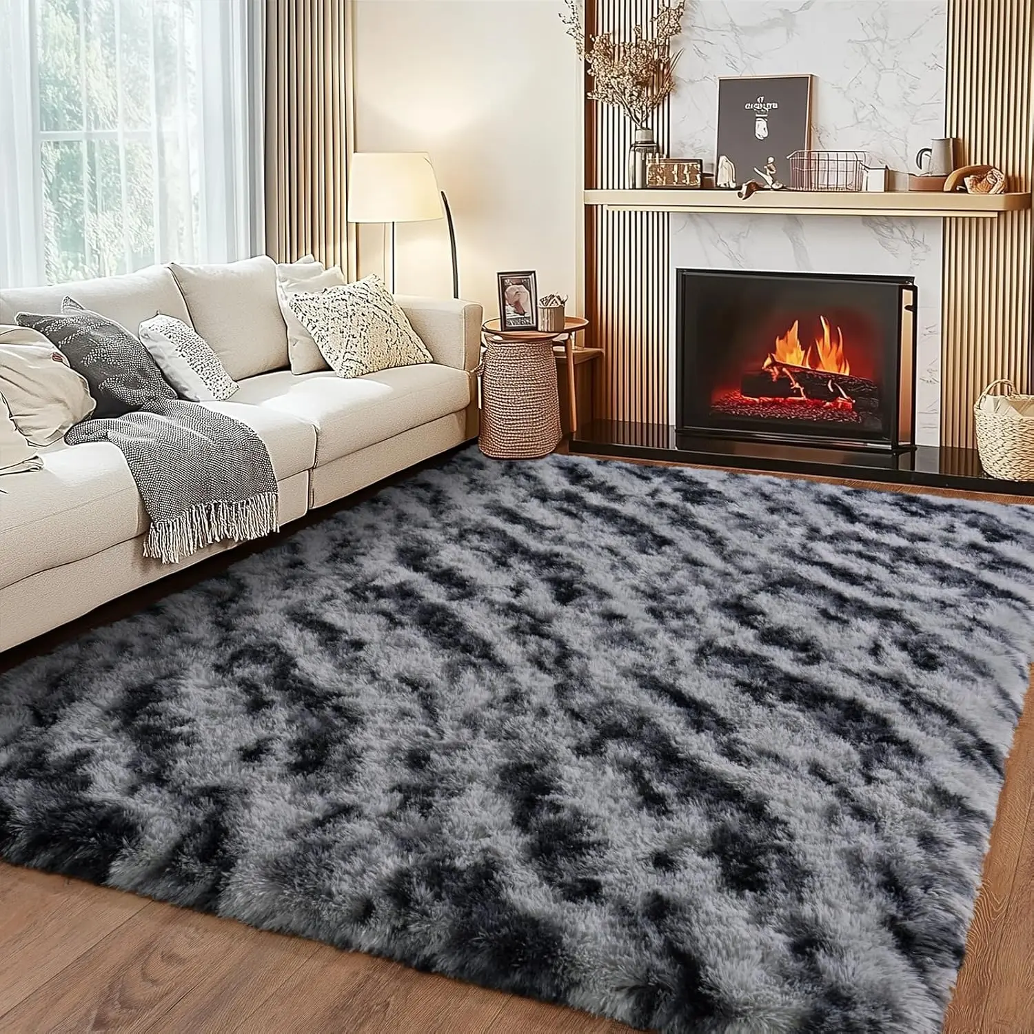 JAKOLIVE Traditional Crochet Rectangle Indoor Area Rug, Tie-Dyed Black Grey Stripes, Extra Soft Fluffy Eco Polyester, Fade-Resistant, Durable, Machine Washable, Non-Customized, for Living Room-Bedroom Decoration