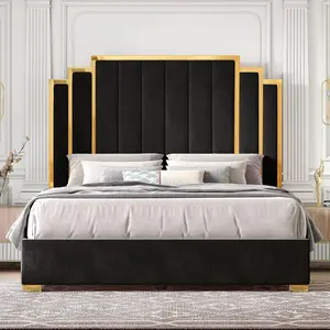 VanAcc Bed Frame and 65" Headboard, Upholstered Bed with Golden Plating Trim, Modern Platform Bed No Box Spring Needed/Christmas Gift