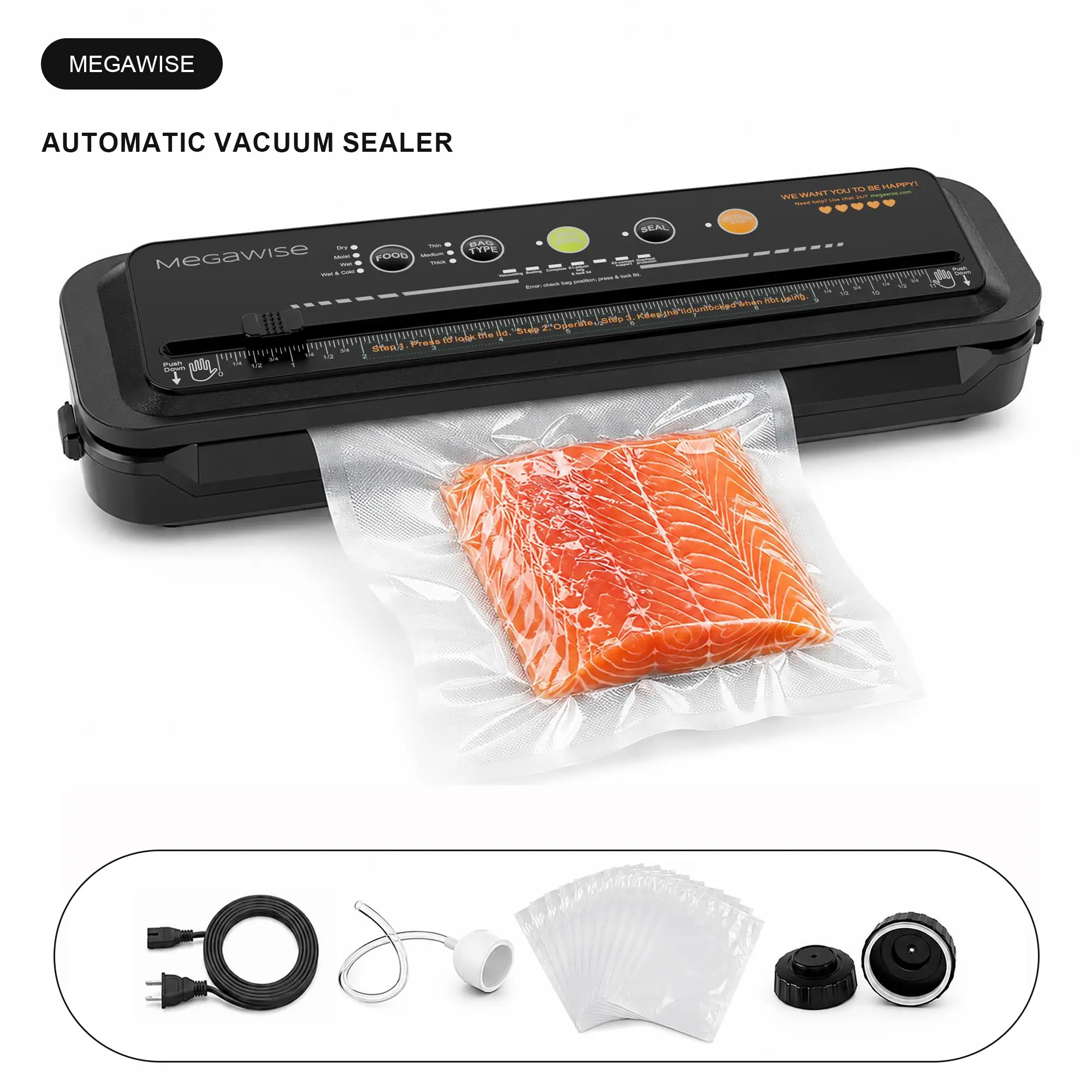 MEGAWISE Model B 2026 Vacuum Sealer - Powerful, Compact 1-Touch Automatic Food Sealer for Wet, Dry Foods - Compatible with Thick, Medium, Thin Bags (Black OMNI MACHINE)
