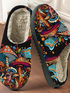 Fancy Mushroom Printed Cotton Slippers, Pop Fairy Tale Style, Plush Lined Anti-Slip Thick Sole Rubber, Home Warm Shoes for Men and Women Fall Winter, Footwear