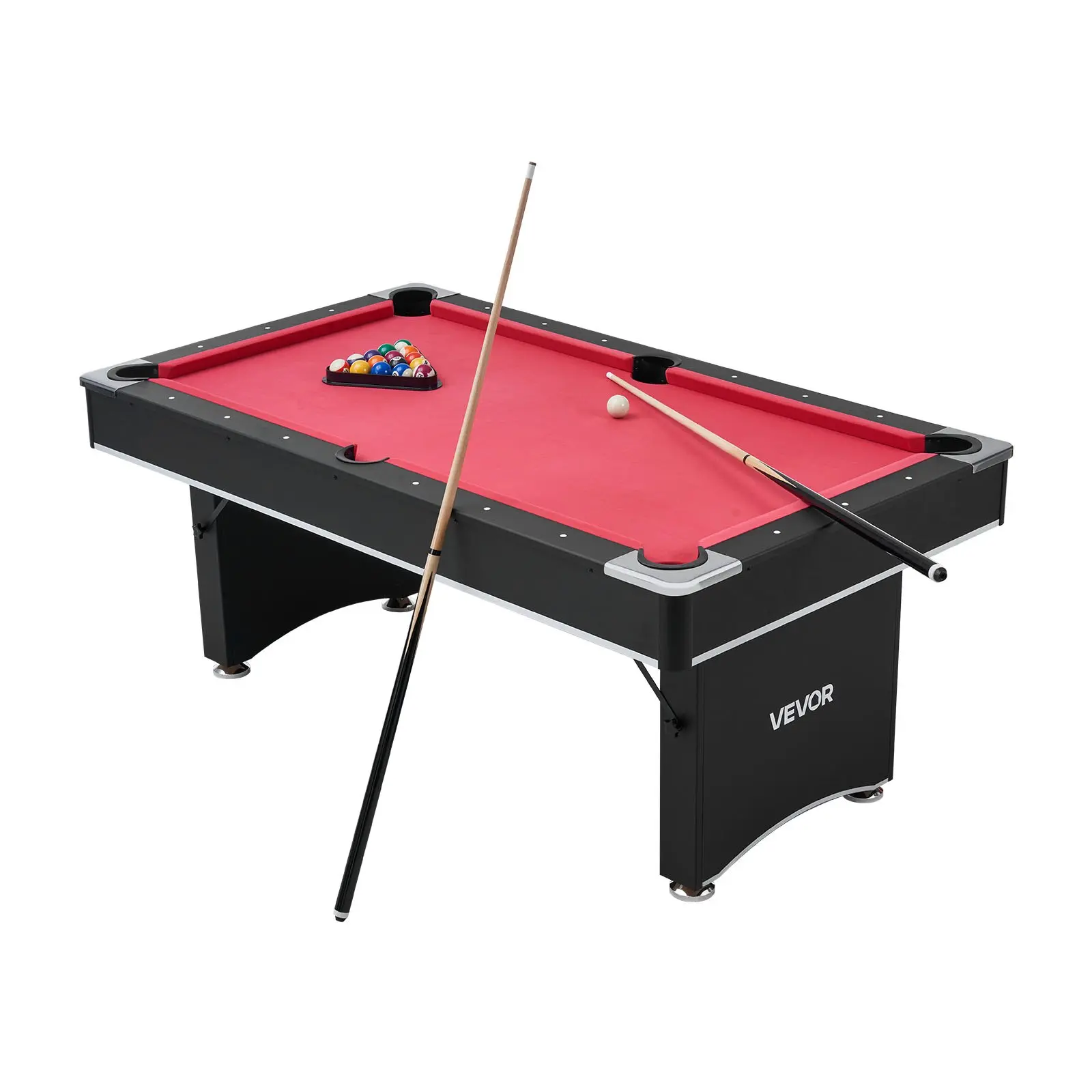 VEVOR Pool Table, 6 ft Portable Billiards Tables, Adjustable Feet Stable Game Table, Entertainment Set Includes Ball, Cue, Rack, Chalk and Brush, Black with Red Cloth, for Family Use, Recreation RoomSummervibes