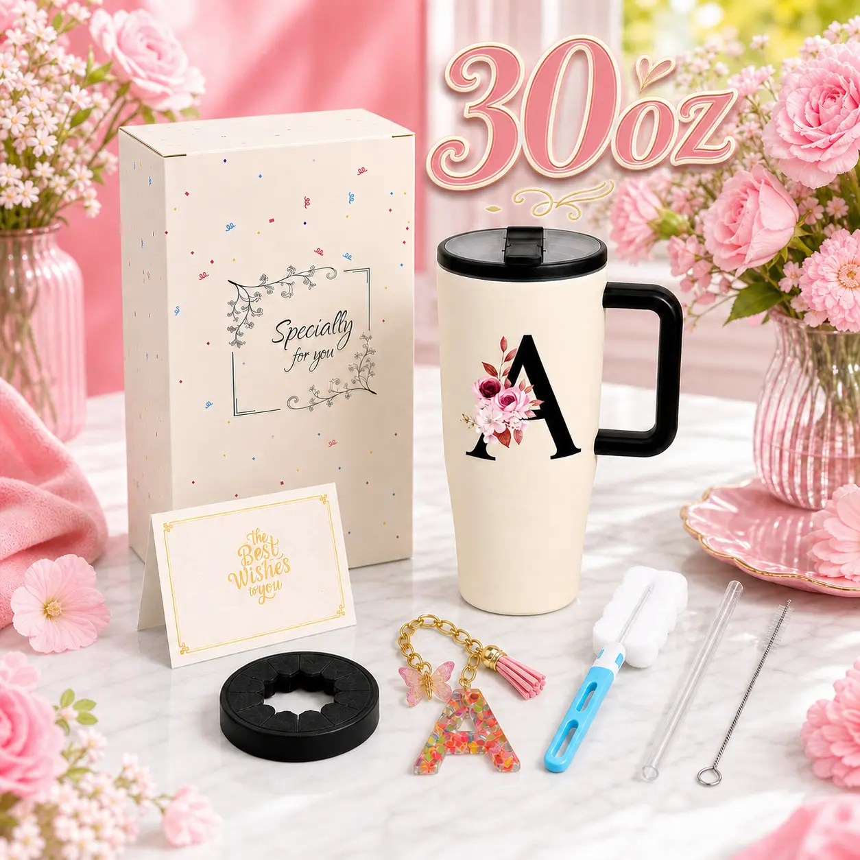 ZIOSINM 30oz Personalized Initial Tumbler with Silicone Ring – Leak-Proof 12H Cold Insulated Travel Mug Fits Car Cup Holders, Gift Box Set with Keychain & Card for Beach, Party & Daily Use