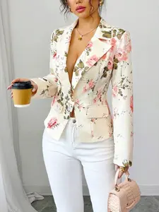 Elegant Floral Suit Jacket for Women, Slim Fit Casual Commuter Career Blazer, Fashionable Short Top, Long Sleeve, Spring & Fall