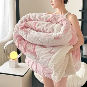 Double-Layer Thick Woven Blanket, Floral Pattern, Hollow Design, Dual Skin Feel, Multiple Colors, Bed Sofa Travel Camping Throw, Warm Blanket, Soft Fluffy Blanket