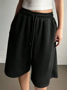 Trending Oversized Black Bermuda Shorts for Women - Soft French Terry Fabric, Drawstring Elastic Waist, Casual Streetwear / Loungewear, Knee-Length Relaxed Fit, Comfy Aesthetic Y2K Style, Versatile Daily Wear, Neutral Color, Womenswear