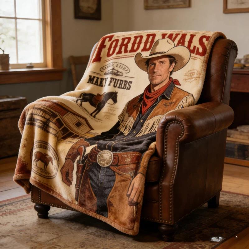 Rustic Western Cowboy Blanket, 280gsm Soft Flannel Fleece Throw Blanket, Vintage Wild West Cowboy Print with Horse & Ranch, Country Western Home Decor for Couch Bed, Gifts for Cowboy Fans