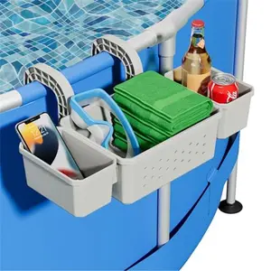 Thick Plastic Water Storage Basket Organiser - Multifunctional Adjustable Holder with 2 Cup Holders for Above Ground Steel Frame Pools, Stores Pool Accessories (1 Pack)