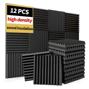 12-piece pack of black sound-absorbing cotton, Acoustic panels, sound-insulating foam, high resilience for sound absorption, 11.8 inches x 11.8 inches x 1 inch, suitable for wall mounting in home offices, recording studios, etc.