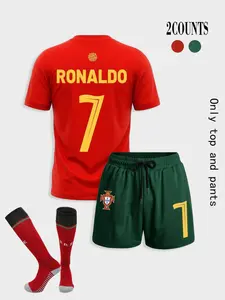 Men's Short Sleeve Shorts Set, Portuguese Team Emblem Print, Dark, Casual Style, Perfect for Home Soccer Watching, Soccer Jerseys Set