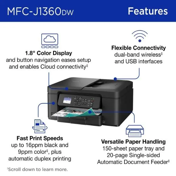 Wireless Color All-in-1 Inkjet Printer, Automatic 2-Sided Printing, Copy, Scan, 20-Sheet Document Feeder, Wi-Fi, USB, 1.8-Inch Color Display