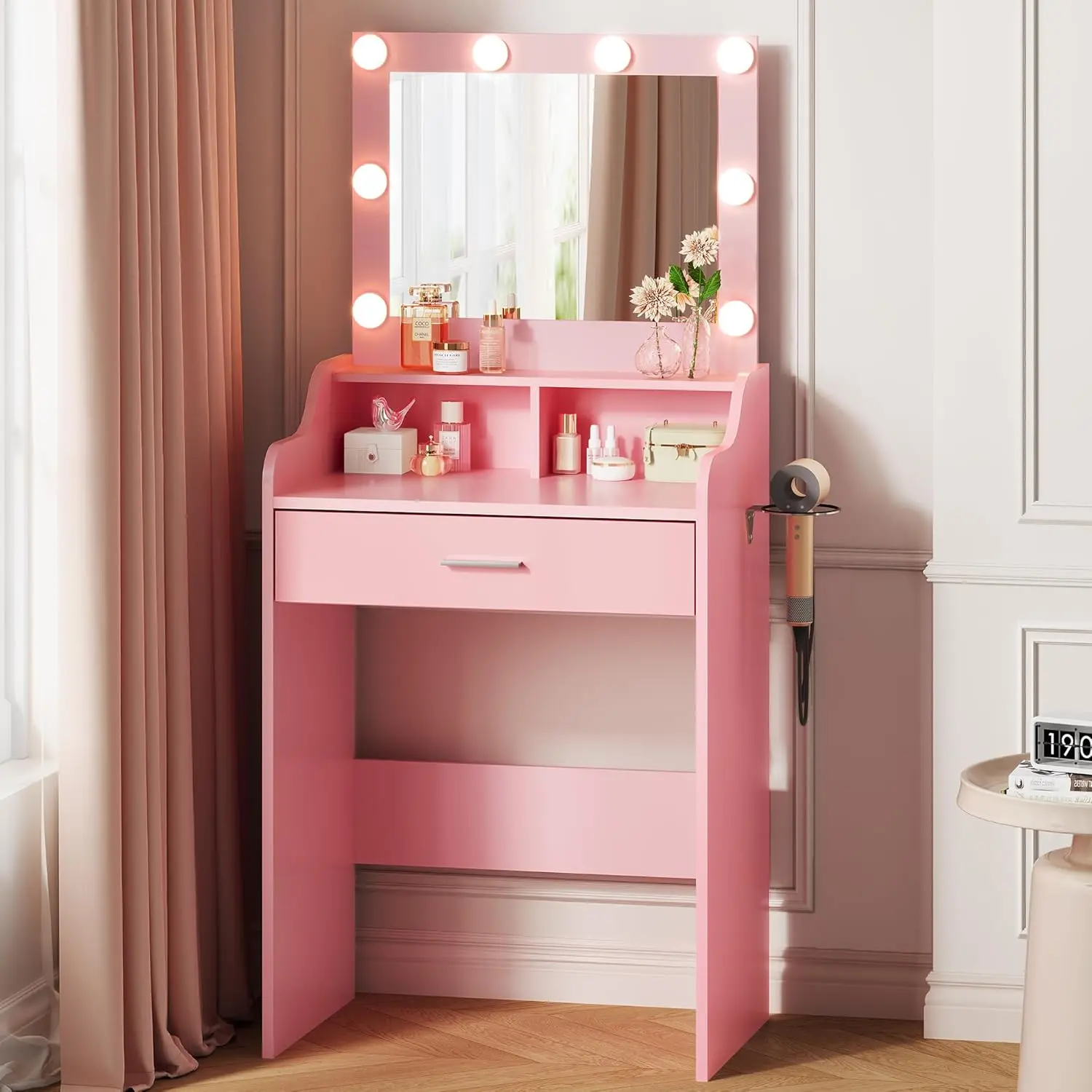 Small Pink Makeup Vanity Desk with Lighted Mirror, Compact 3-Color Vanity with Storage Drawer, Women's Bedroom Small Space Indoor Furniture
