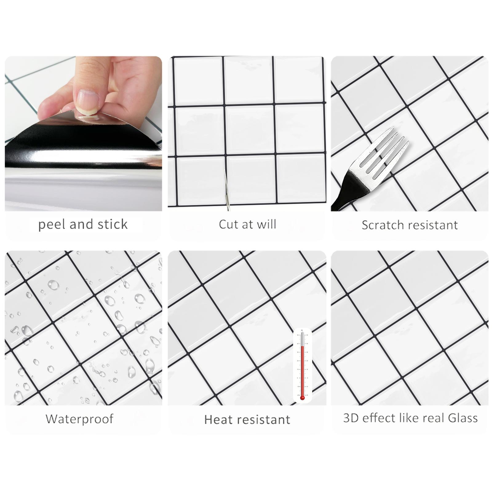 DEWOO Peel-and-Stick Wall Tiles — Grid Texture; White Tiles with Black Grout; Waterproof, Stain-Resistant, Scratch-Resistant, and Durable，Stick on Backsplash for Kitchenand Bathroom