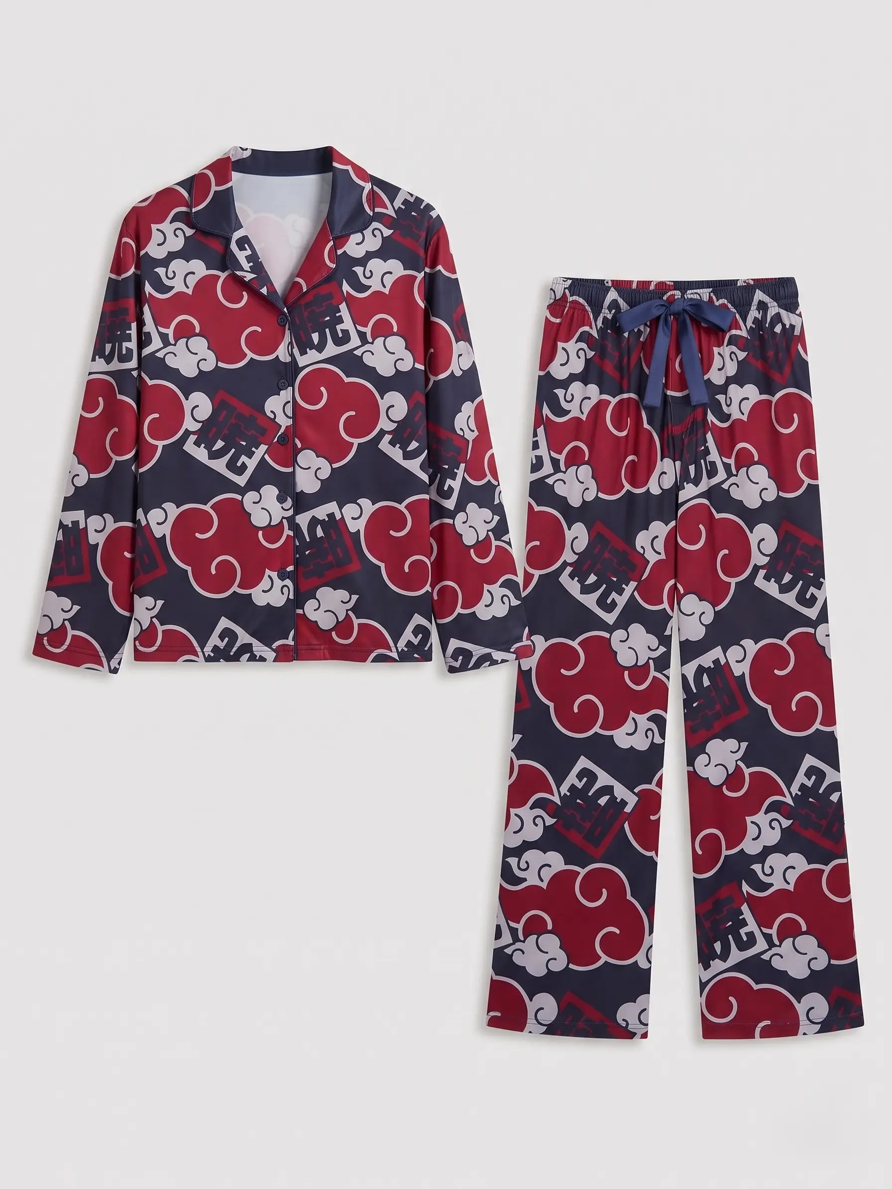 Red Cloud Anime Pajama Set, Navy Long Sleeve Button Down PJs, Japanese Inspired Graphic Sleepwear, Otaku Lounge Set