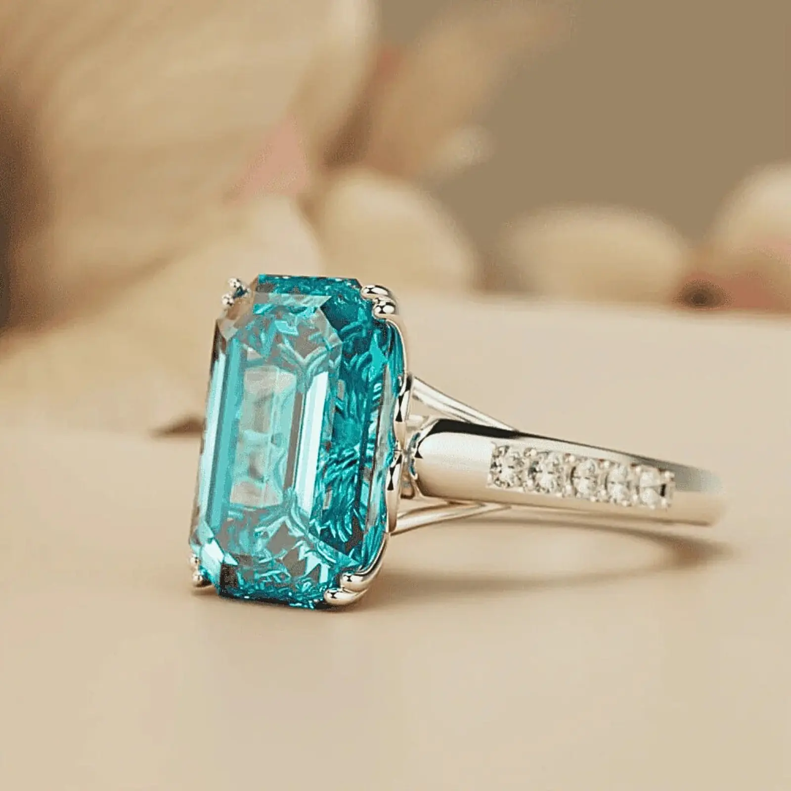 Luxury Statement Ring for Women, European Style Metal-Coated Design with a Blue Rectangular Gemstone, Ideal for Engagement or Gifting, Rectangle Engagement Ring, Geometric, Metal Coating, Fashion, Female