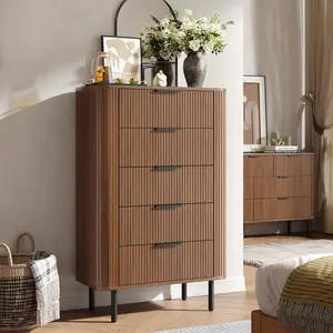 【CategorySelect】ONBRILL Fluted Dresser for Bedroom with 5 Drawers, 32 inch Chest of Drawers, Mid Century Modern Tall Dressers with Curved Profile Design for Closet, Wood TV Stand for Living Room, Hallway
