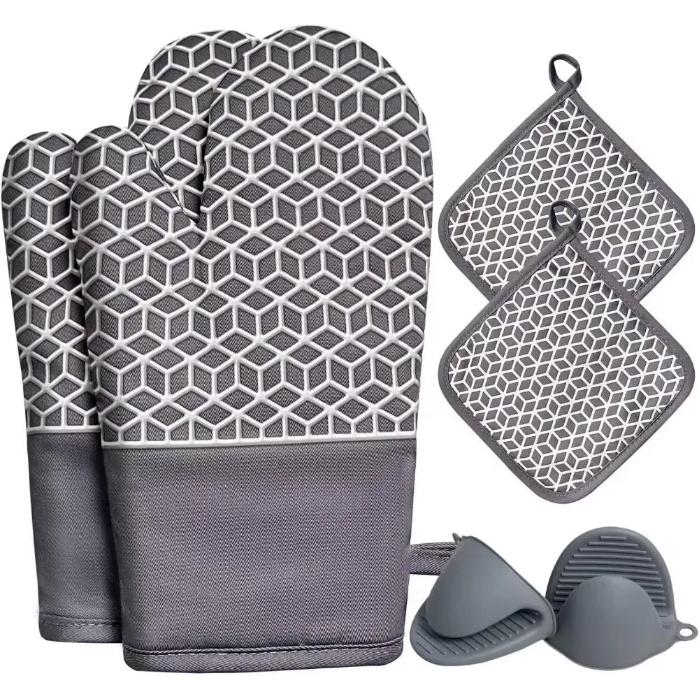 Oven Mitts and Pot Holders Set of 6 Pcs, Thick Cotton Oven Gloves, High Heat Resistant up to 500℉, with Extra Long Oven Mitts and Hot Pads, Potholders with Non-Slip Silicone Surface for Cooking and Baking