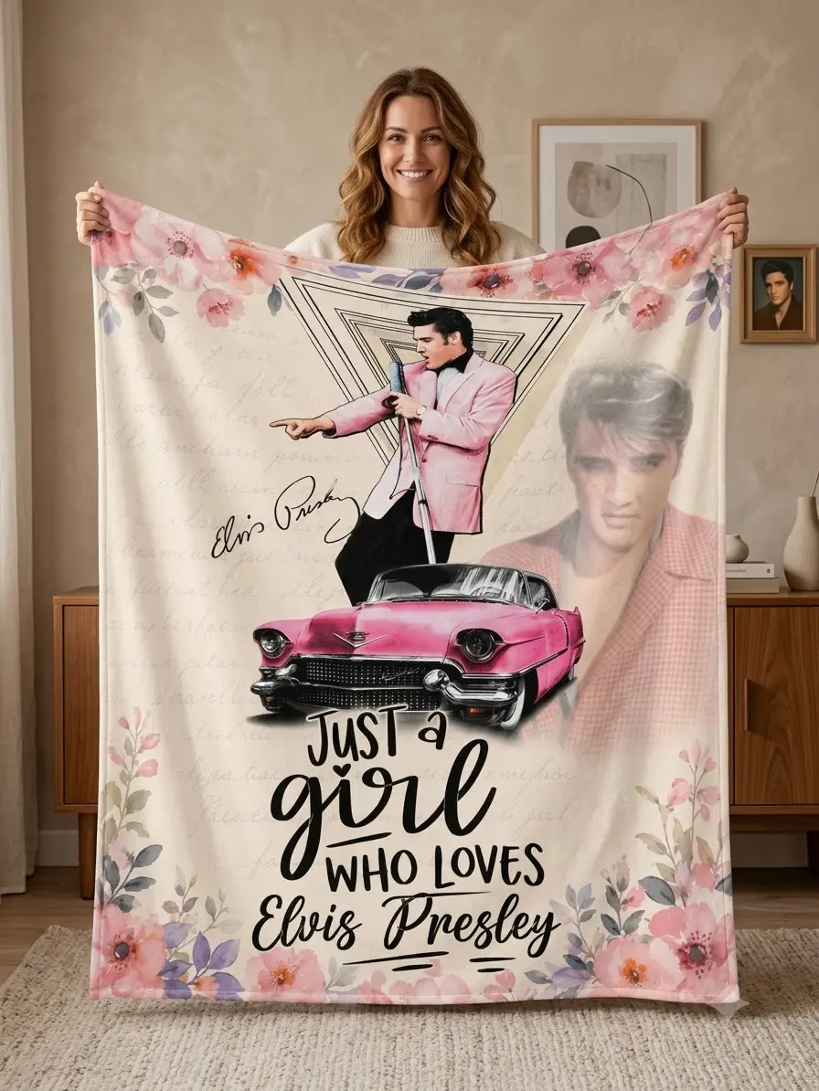 Just a Girl Who Loves Elvis Presley Blanket, Pink Cadillac Floral Flannel Throw, Retro Rock and Roll Fan Gift for Women, Cozy Bed Sofa Decor