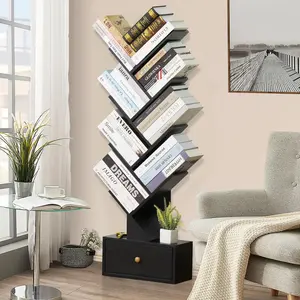 8-Tier Tree Bookshelf with Drawer—Free Standing Wood Bookcase for Living Room, Bedroom, Home Office; Space-Saving Storage Organizer for Books, CDs, Vinyl Records in Black
