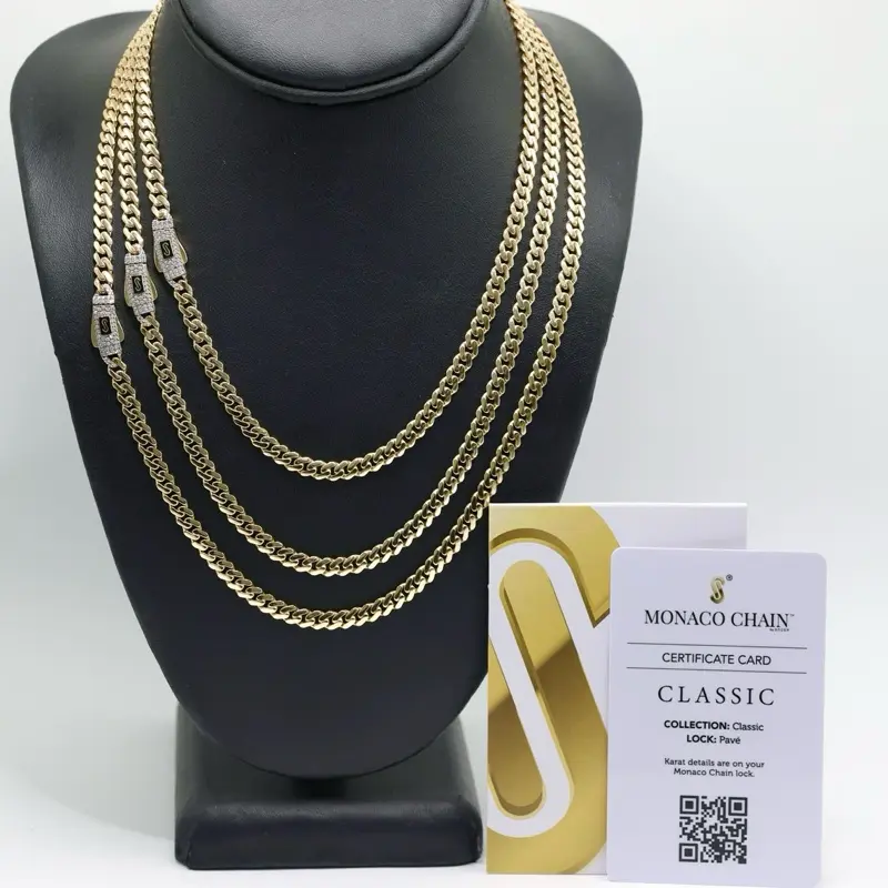 14KT Gold 5MM Monaco Chain Classic Necklace Certified -  Pave Lock
