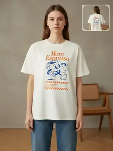 Women's Espresso & Slogan Print Round Neck Tee, Vintage Trendy Casual Short Sleeve T-shirt for Daily Wear, Ladies Summer Outfit, Top, Womenswear