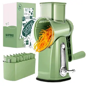 SUSTEAS Durable Rotary Cheese Grater with Handle 5 Replaceable Blades Strong Suction Cup Base for Cheese Potatoes Zucchini Carrot Cucumber Chocolate Kitchen Utensils