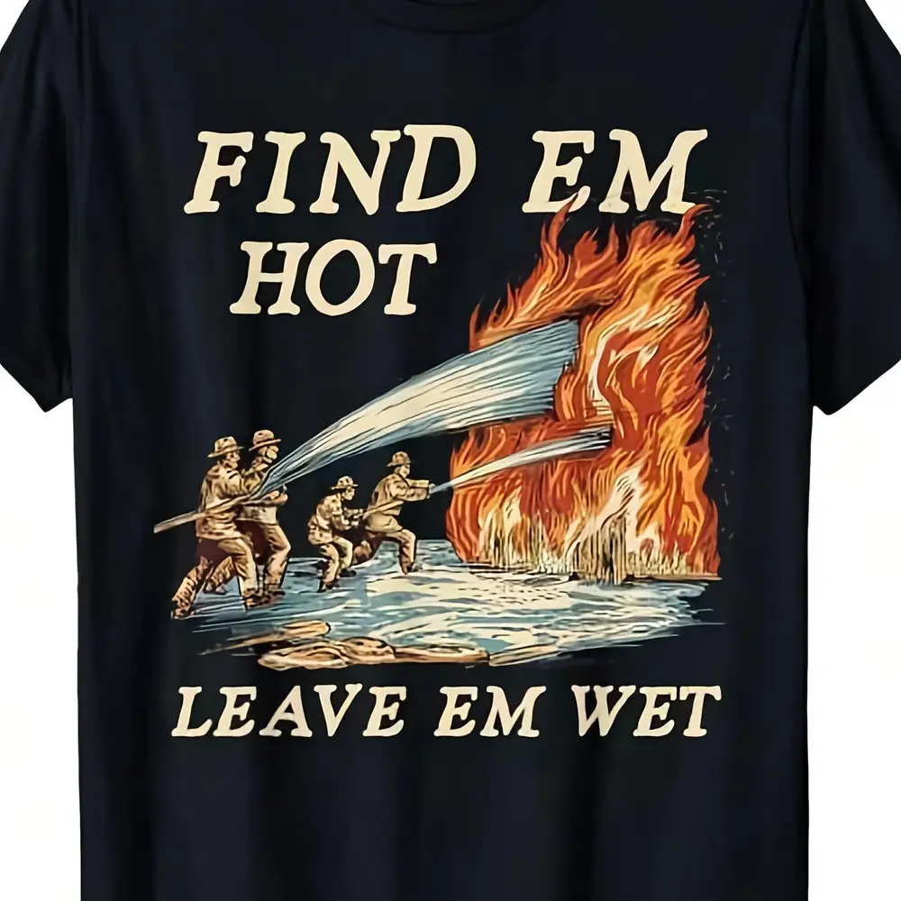 Men's Casual Short-Sleeve Round Neck Black Firefighter T-Shirt - Menswear Tops, Humorous "Put out the fire fast, douse it all over" Fire Station Slogan, Soft, Breathable, Ideal for National Aviation Day