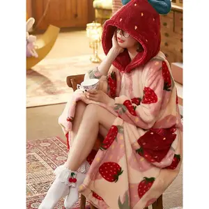 1pc Strawberry Pattern Hooded Casual Robe, Long Sleeve Warm Thermal Lined Thick Button-Up Loungewear Bathrobe With Pockets, Women Sleepwear & Loungewear, Autumn/Winter, Fluffy, Cozy