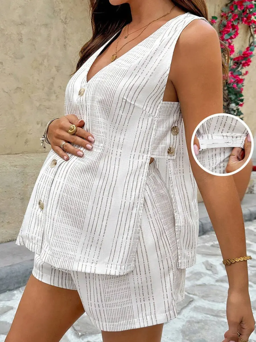 Two-Piece Maternity V-Neck Button-Down Camisole And Shorts Casual Set, Women's Summer White Vacation Linen Set.