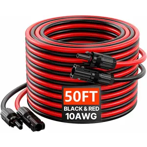 VEVOR 50FT Solar Panel Extension Cable, 10AWG Solar Extension Cable Wire with Female & Male Waterproof Connectors, 6mm² PV Cable for Home, Ship and RV Solar Panels, 50FT Black + 50FT Red (Set of 2)