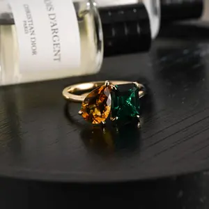 3CT Lab Grown Emerald & 3CT Pear Shaped Natural Citrine Toi et Moi Ring, Two Stone Gemstone Engagement Ring for Women